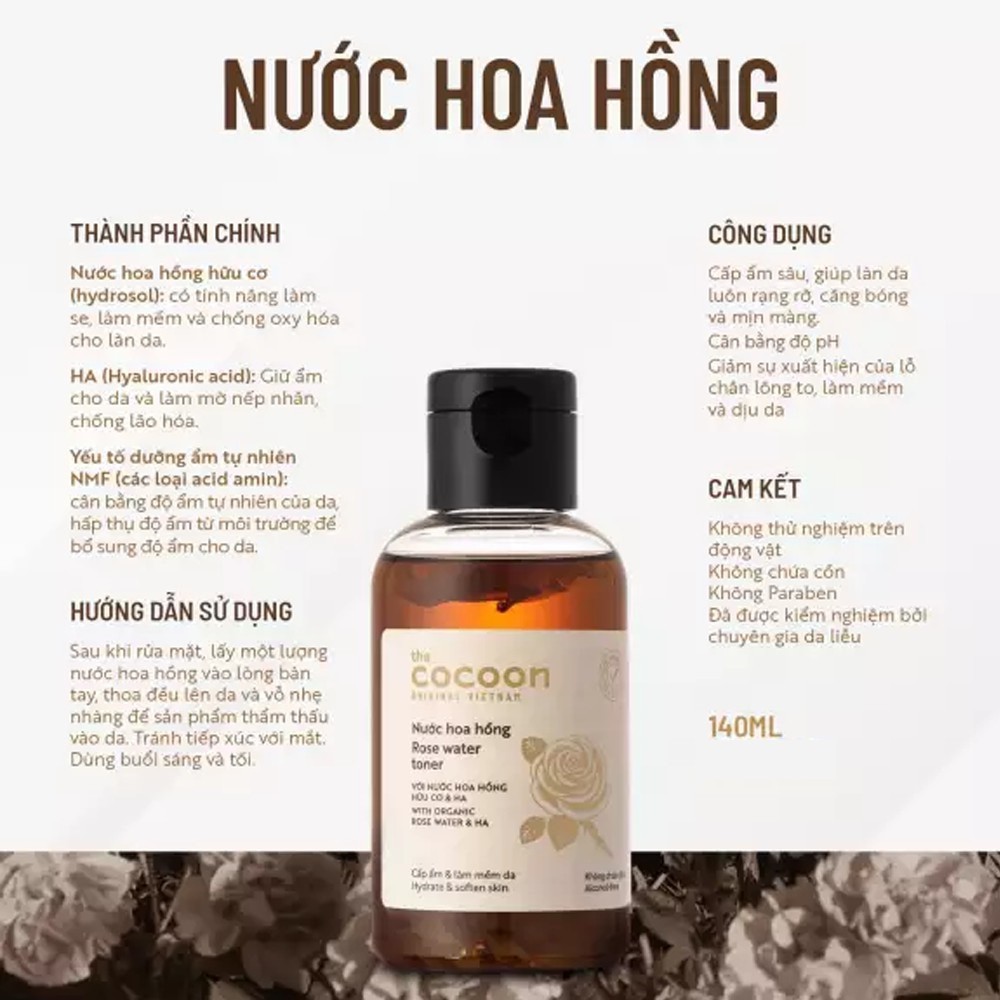 Nước hoa hồng Cocoon Rose Water Toner 140ml không cồn , cấp ẩm và làm mềm da