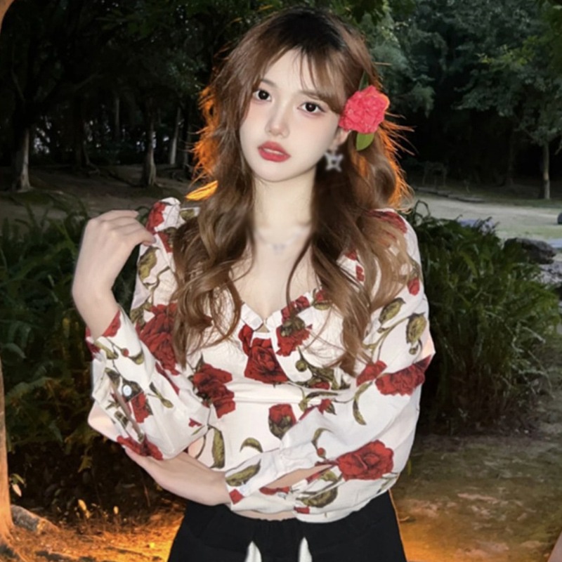 Áo Sơ Mi Cổ Vuông Tay Dài In Hình Hoa Hồng Phong Cách Hàn Quốc vintage Thời Trang