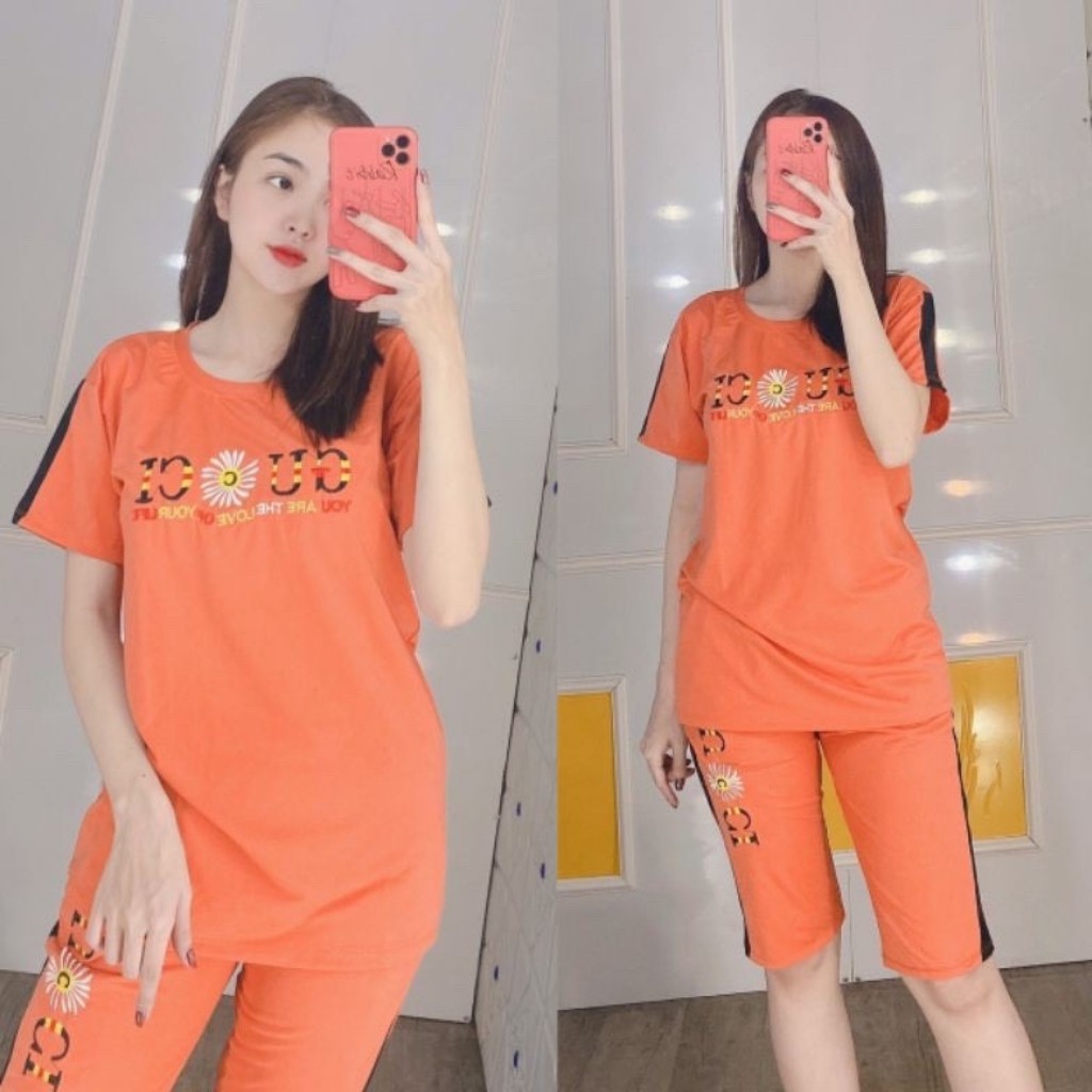 Đồ bộ nữ thun cotton co giãn thể thao bigsize dễ thương Đồ mặc nhà nữ đẹp Sét đồ bộ nữ quần đùi sọc chữ thêu ESHOP AD13