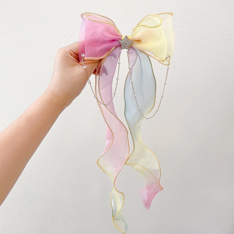 Kẹp tóc hình nơ vải lưới phối dây ruy băng kiểu Nhật Bản Hàn Quốc thời trang mùa hè cho nữ