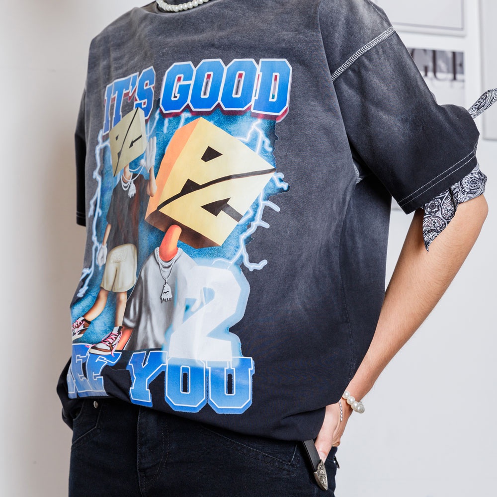 Áo thun wash nam nữ PC Retro - Màu đen Dáng oversize Hoạ tiết hình in cá tính