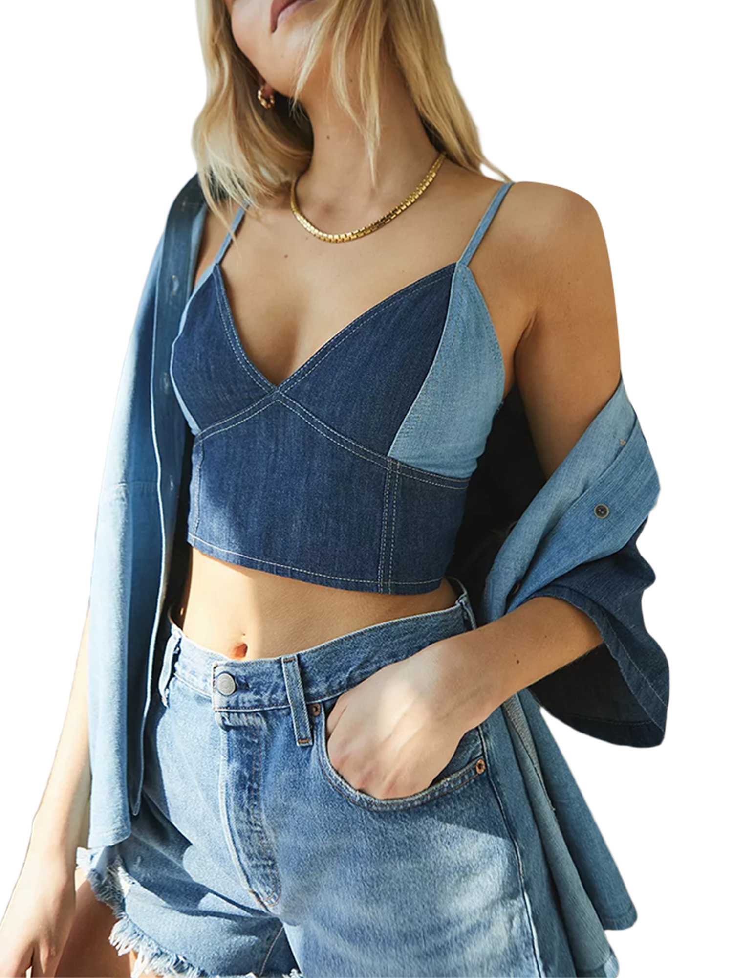 Áo Lửng Hai Dây Vải Jean Cổ V Gợi Cảm Cho Nữ | BigBuy360 - bigbuy360.vn