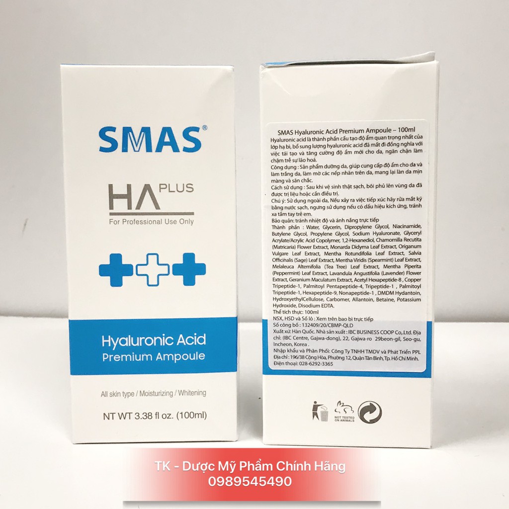 Serum SMAS / S MAS HA PLUS Dưỡng Ẩm, Phục Hồi Da, Làm Trắng Da 100ml