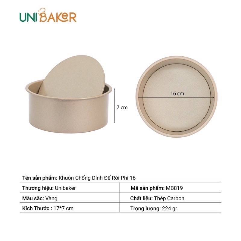 Khuôn tròn chống dính đế rời vàng size 16 hiệu Unibaker