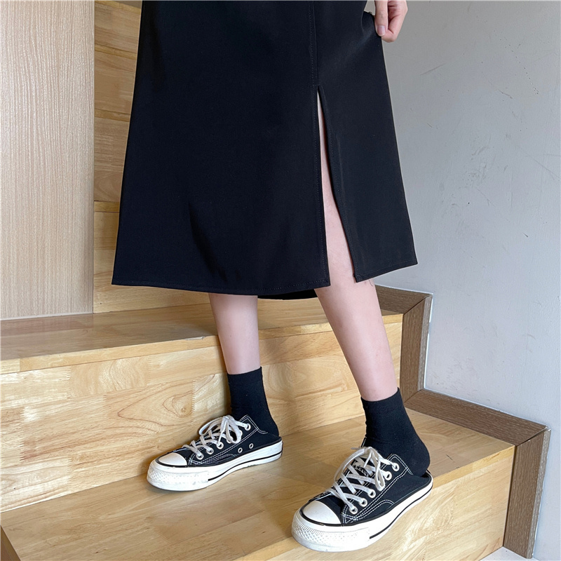 SUXI Chân váy midi chữ A lưng cao thiết kế xẻ tà thời trang hè cho nữ