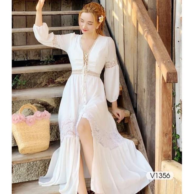 Đầm Váy Maxi Trắng Dài Ren Xòe Nhẹ VIDEO THẬT 100%