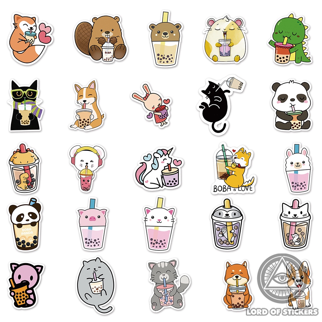 Set 50 Nhãn Dán Sticker Nhân Vật Hoạt Hình Uống Trà Sữa Chibi Cute Chống Thấm Nước Trang Trí Mũ Bảo Hiểm, Ván Trượt, Sổ