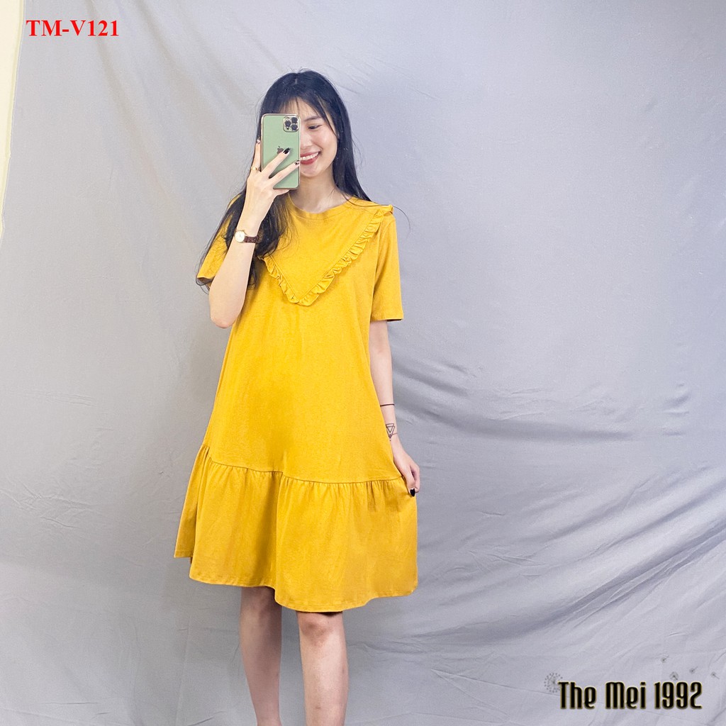 Váy thun suông nữ The Mei 1992 - Đầm bầu bigsize cố tròn kèm viền bèo dáng đuôi cá chất cotton thoáng mát | BigBuy360 - bigbuy360.vn