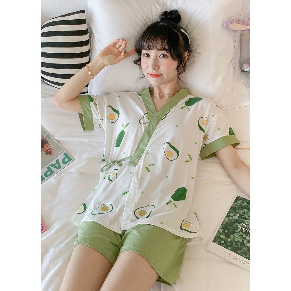 Bộ ngủ KIMONO nữ buộc chấm xanh - set đồ ngủ 3 chi tiết - Mono Boutique