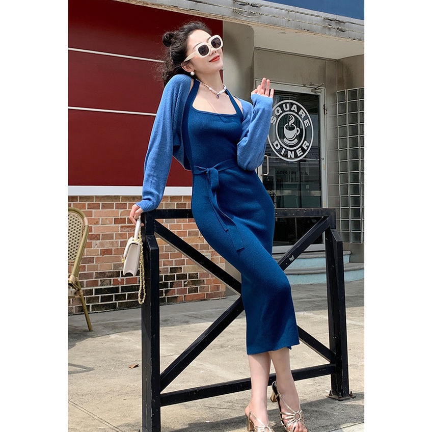Bộ Áo Khoác Cardigan + Đầm Dệt Kim Hai Dây Ôm Dáng Phong Cách Retro Hong Kong Thời Trang Mùa Thu Cho Nữ 2021