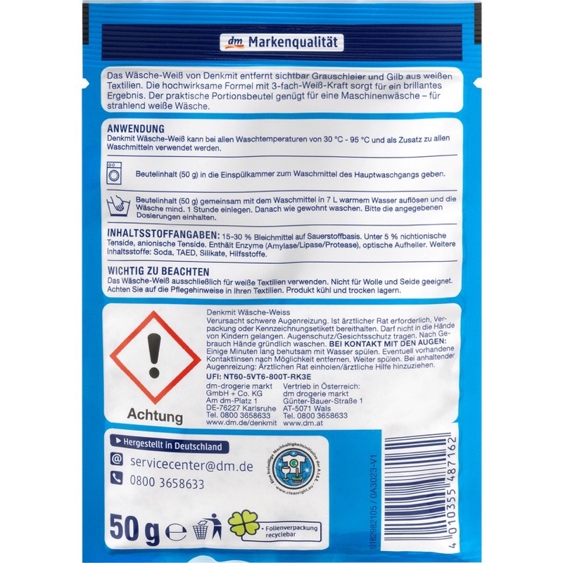 Denkmit - Bột giặt tẩy trắng quần áo, tăng độ trắng sáng Wasche Weiss 50g- hàng nhập khẩu Đức