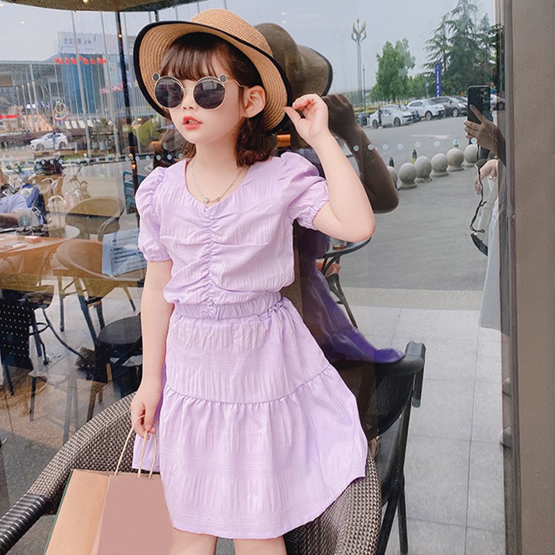 Set 2 Món Gồm Áo Chiffon Ngắn Tay Và Váy Ngắn Mùa Hè Hàn Quốc Dành Cho Bé Gái 1-7 Tuổi