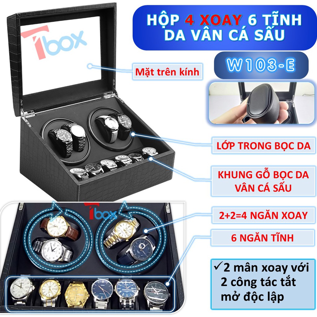 Hộp đựng đồng hồ cơ Automatic 4 xoay 6 trưng bày hộp xoay đồng hồ sử dụng Motor Mabuchi Nhật Bản bền chạy êm bằng gỗ