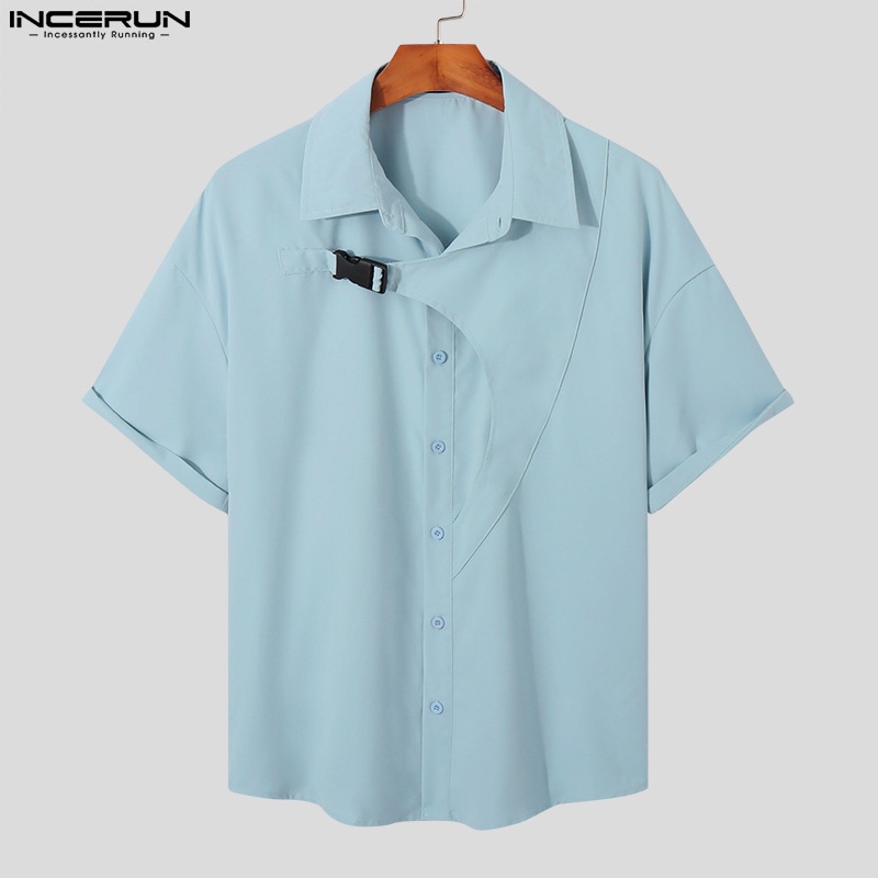 INCERUN Áo Sơ Mi Tay Ngắn Cài Khuy Thiết Kế Bất Đối Xứng Thời Trang Cá Tính Cho