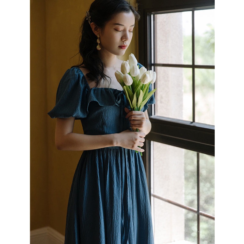 Đầm Tay Phồng Cổ Vuông Phong Cách retro Pháp Thời Trang Hè Cho Nữ