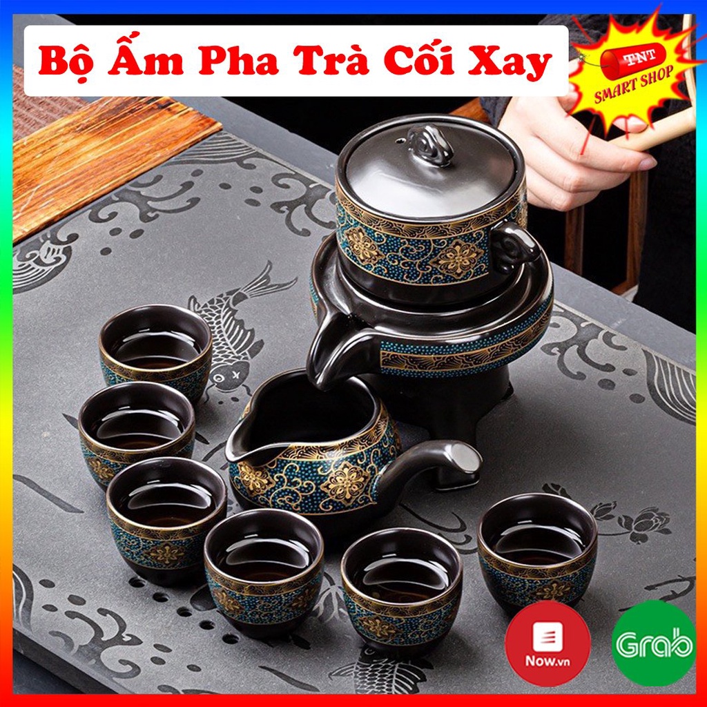 Bộ Ấm Chén Pha Trà Cối Xay Hoa Văn - Bộ Ấm Chén Uống Trà Chất Liệu Gốm Sứ Cao Cấp ( Tặng Kèm Hộp Và Túi Đựng Đẹp))