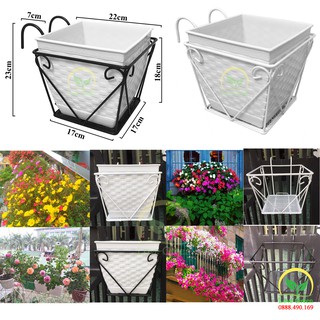 Bộ Khung Chậu Vuông Giá/Móc/Giỏ Sắt Trồng Hoa Treo Hàng Rào Ban Công Bọc Nhựa Dày, Không Rỉ, Hàng Đẹp, Siêu Bền Giá Rẻ