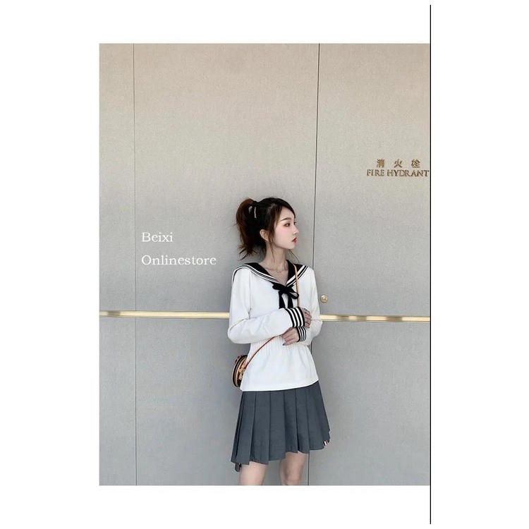 Áo len thủy thủ trắng eo bo dây nơ buộc thời trang hàn quốc