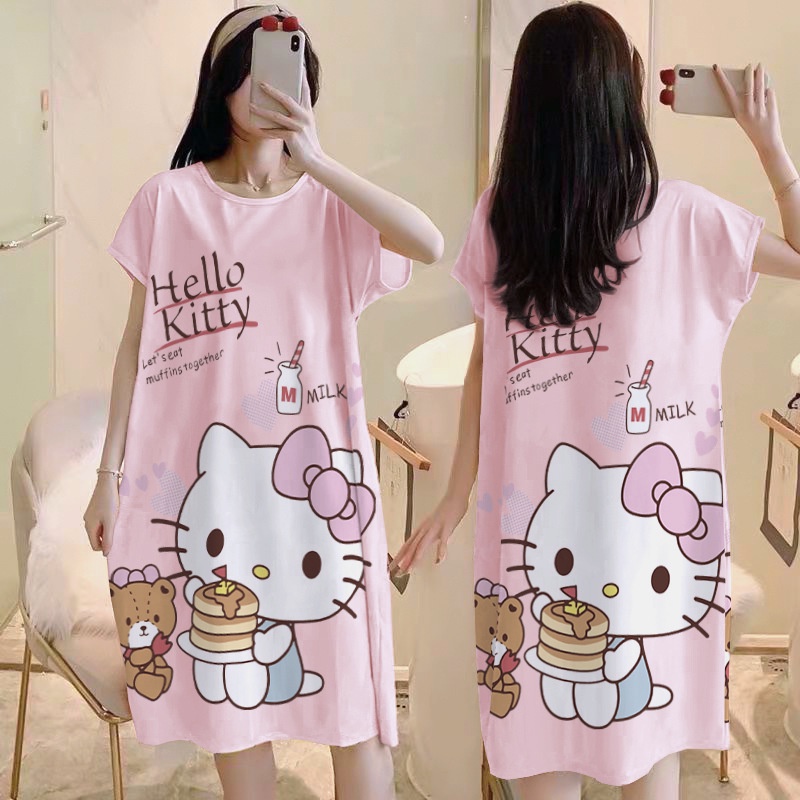 Đầm Ngủ Tay Ngắn Chất Lụa In Họa Tiết Hoạt Hình Dễ Thương Phong Cách Hàn Quốc Cho Nữ