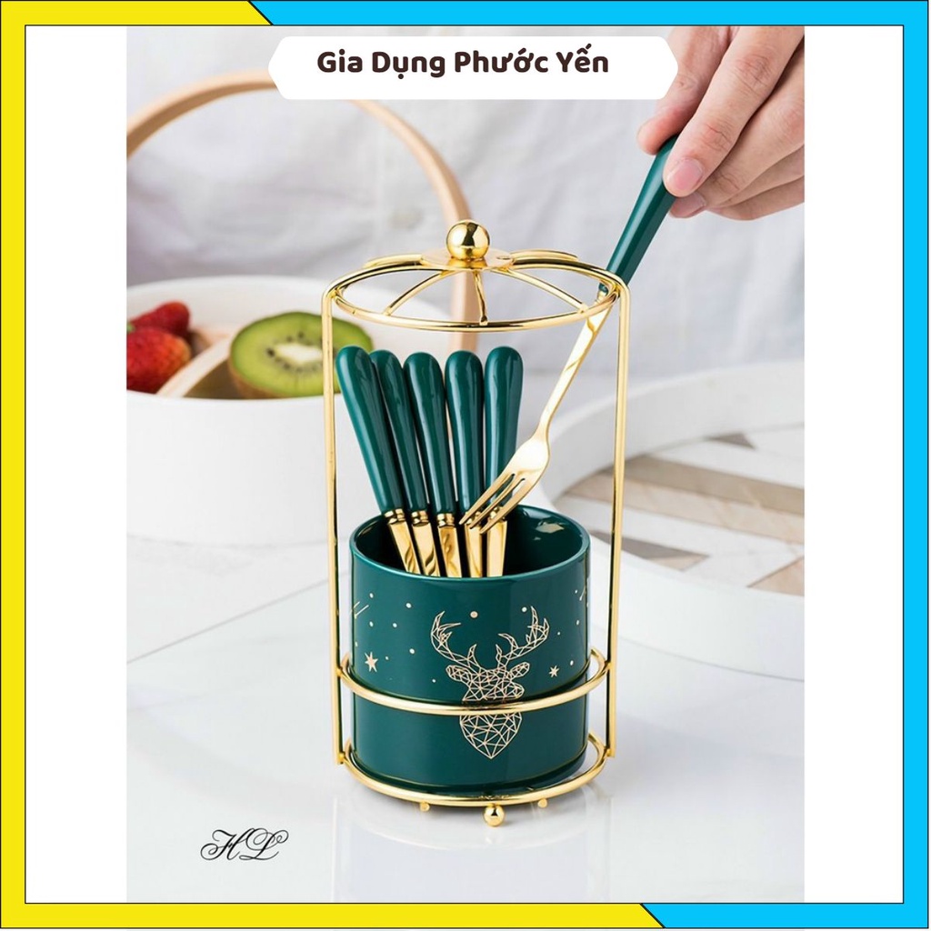 Ống cắm thìa dĩa sứ xanh hoàng gia khung thép mạ vàng kèm 6 dĩa sang trọng