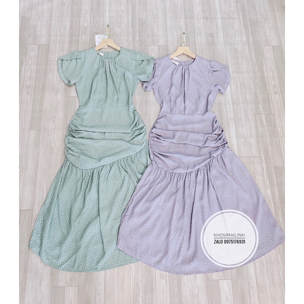 ✨BÁN SỈ✨Đầm đuôi cá chấm bi tay bồng dúm hông
