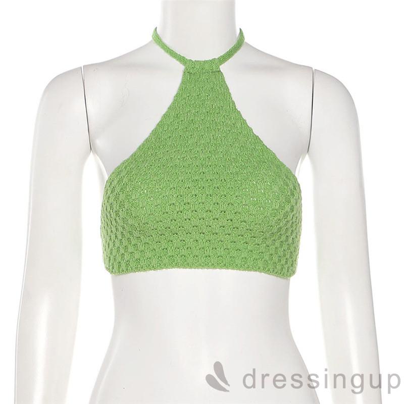 DRE-Women Summer Camisole,Halter Crochet Backless Tie-Up Short Solid Color Summer Slim Green Tops