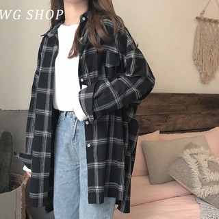 Áo Khoác Sơ Mi Caro Tay Dài Dáng Rộng Phong Cách Hàn Quốc Cho Nữ Mi