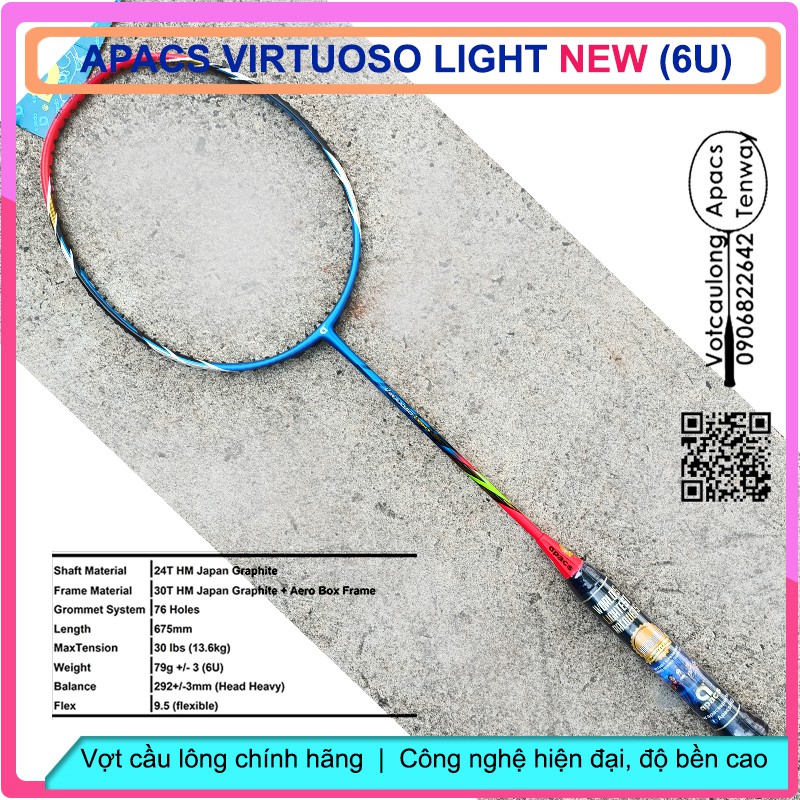 Vợt cầu lông Apacs Virtuoso Light - 6U (76gr) - nhẹ tựa lông hồng, màu sắc tươi trẻ
