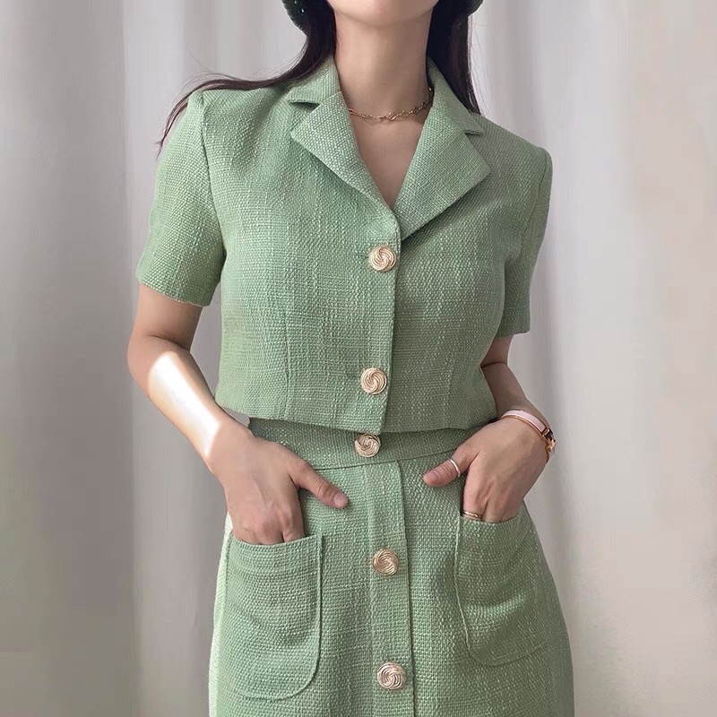Set áo dạ sweet Hàn Quốc áo vest ngắn tay mix chân váy bút chì