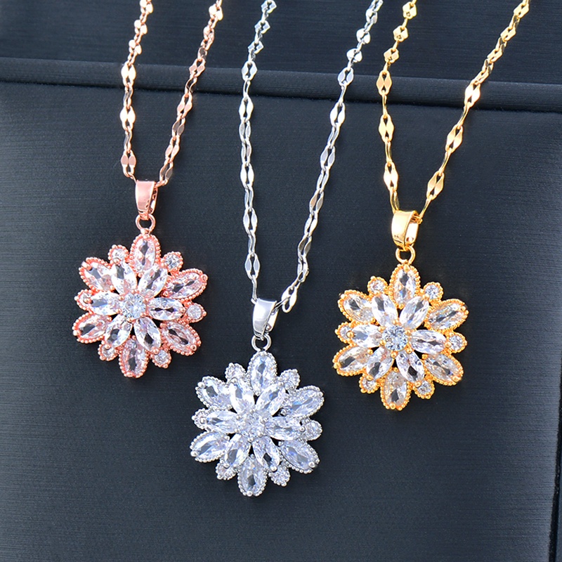 Vòng cổ SINLEERY XL861 mặt hình bông đính đá zircon màu vàng hồng chất liệu thép không gỉ