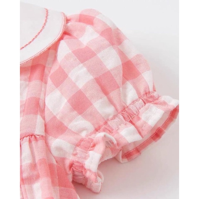 Váy babydoll caro hồng hoạ tiết thêu hoa 3D cực xjnh cho bé gái