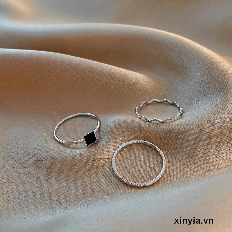 Set Nhẫn Ba Chiếc Nhẫn Zircon Đen Thiết Kế Đơn Giản Thời Trang Cao Cấp Cho Nữ