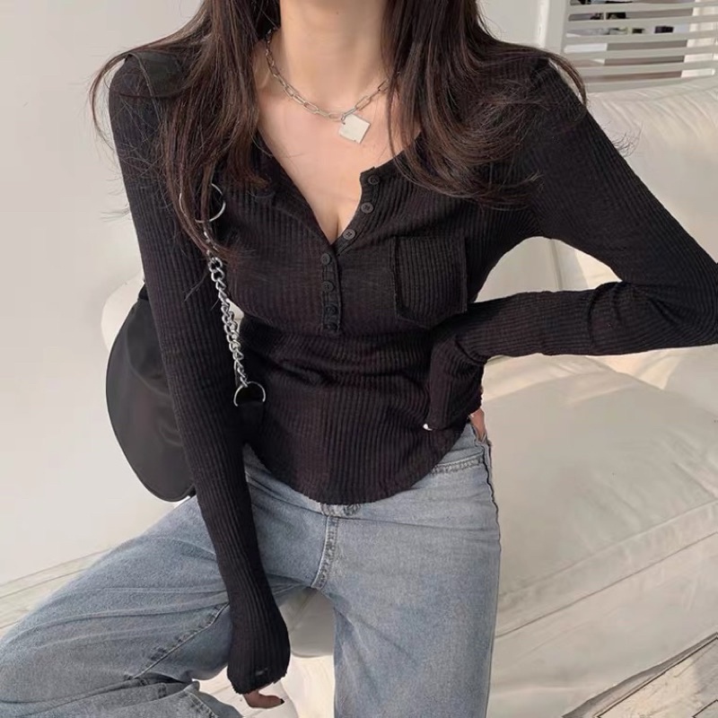 ÁO THUN GÂN TAY DÀI TÚI NÚT CÀI Chizi Shop