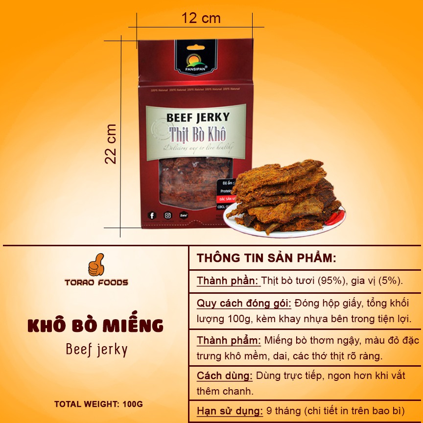 Khô bò miếng mềm Fansipan 100g khô bò miếng bò thật loại 1 khô bò miếng cay đảm bảo ATVS, Torao Foods - đồ ăn vặt ngon