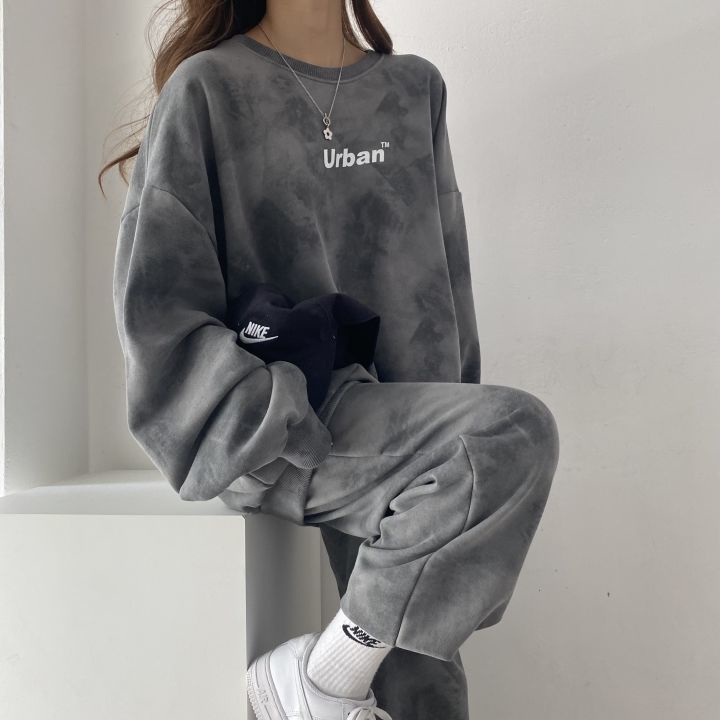 Set áo tay dài và quần thể thao vải cotton dáng rộng thời trang xuân thu dành cho nữ