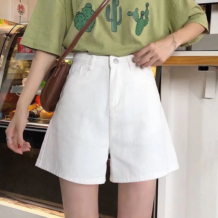 Quần Short Jean Lưng Cao Ống Rộng Màu Trắng Phong Cách Hàn Quốc Thời Trang Mùa Hè Mới Cho Nữ