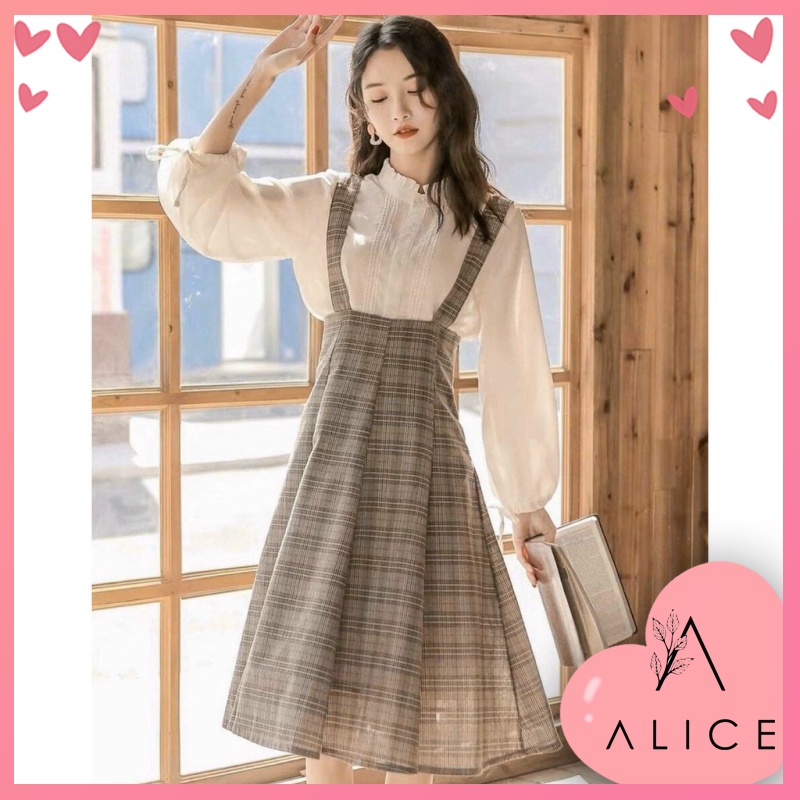 SET YẾM CARO ĐAN DÂY LƯNG ÁO SƠ MI CỔ BÈO TAY BỒNG dự tiệc đầm trắng bigsize giá rẻ size lớn lady