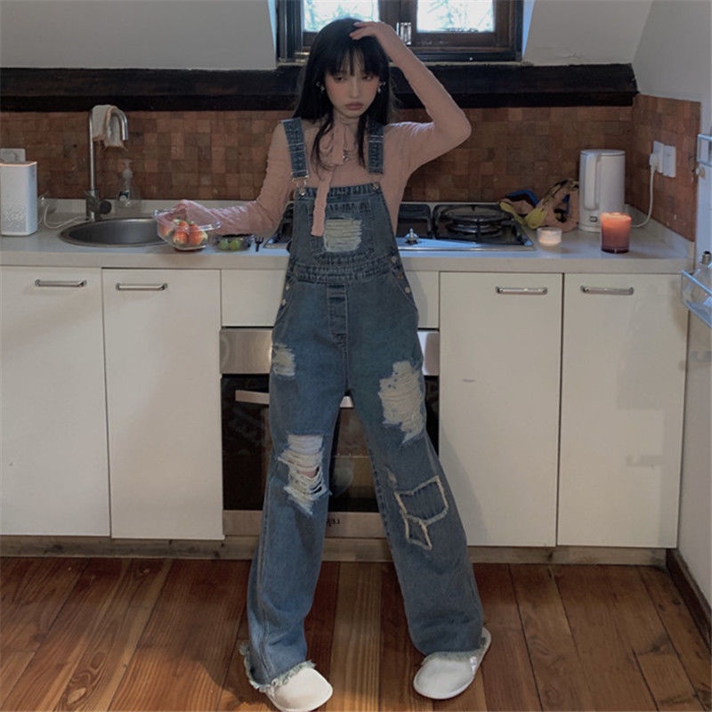 💥Quần Yếm Jeans Lưng Cao Ống Rộng Phong Cách Retro Cho Nữ