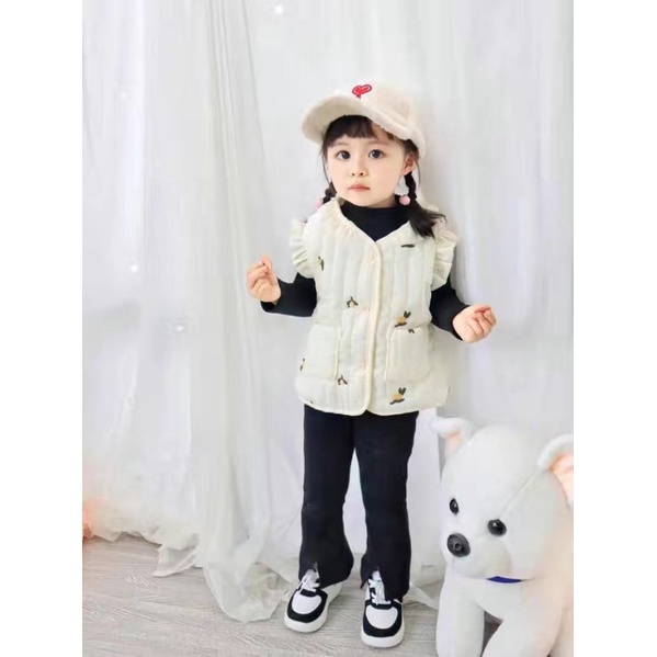 Áo gile cánh tiên lót nỉ hoạ tiết olive cho bé gái