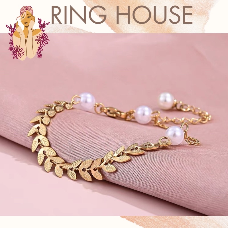 B004 Vòng Tay Nữ Lắc Tay Nữ Titan Thiết Kế Hàn Quốc Lá Mạ Vàng Xinh Đẹp Sang Dễ Thương Ring House