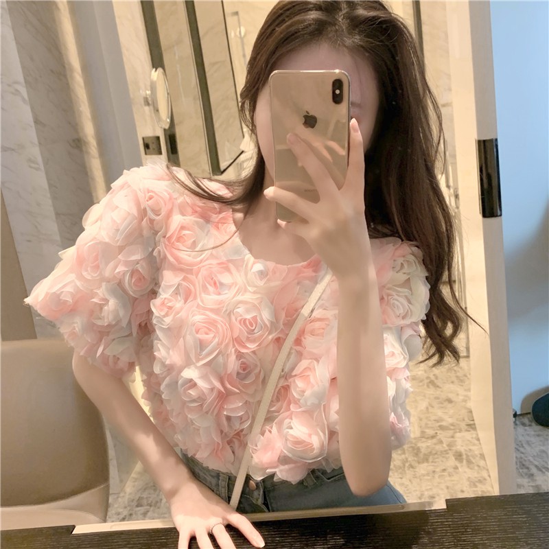 Áo nữ tay ngắn hoa hồng 3d cổ tròn lạ độc ulzzang