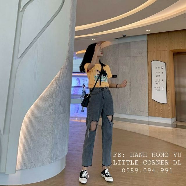 Quần slim baggy jeans xám rách ô xẻ cạp cao ulzzang kèm ảnh thật