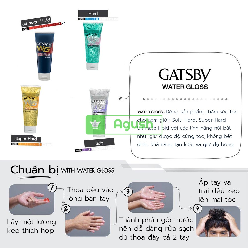 Gel vuốt tóc nam nữ siêu giữ nếp tóc unisex Gatsby Water Gloss Ultimate Hold chai 170g bôi tạo nếp bóng làm cố định tóc