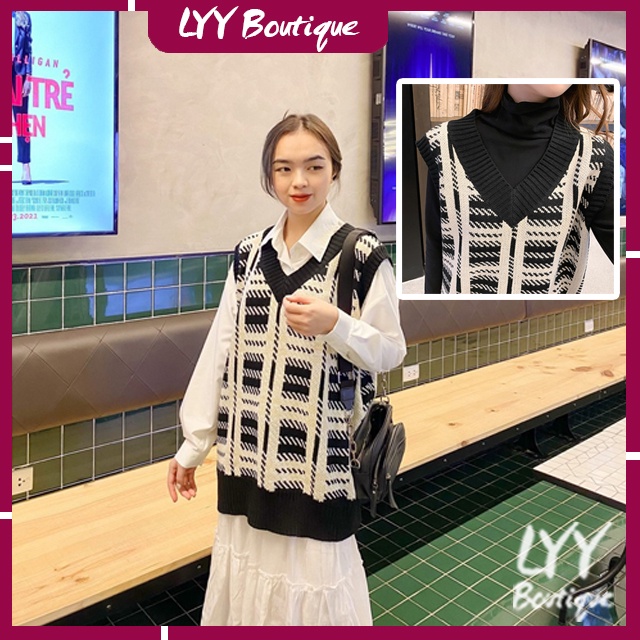 Áo gile len kẻ ô vuông cổ V dáng rộng mix đồ siêu xinh hàng Quảng Châu LYY BOUTIQUE