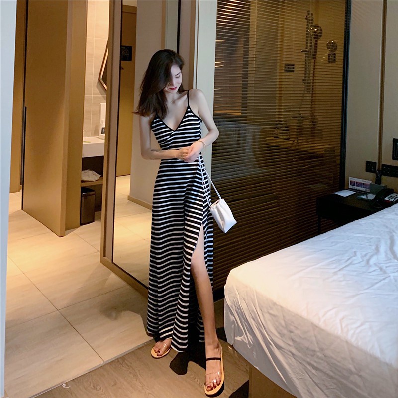卐❁ﺴXiaozhainv Đầm maxi hai dây cộc tay cổ V gợi cảm thời trang cho nữ