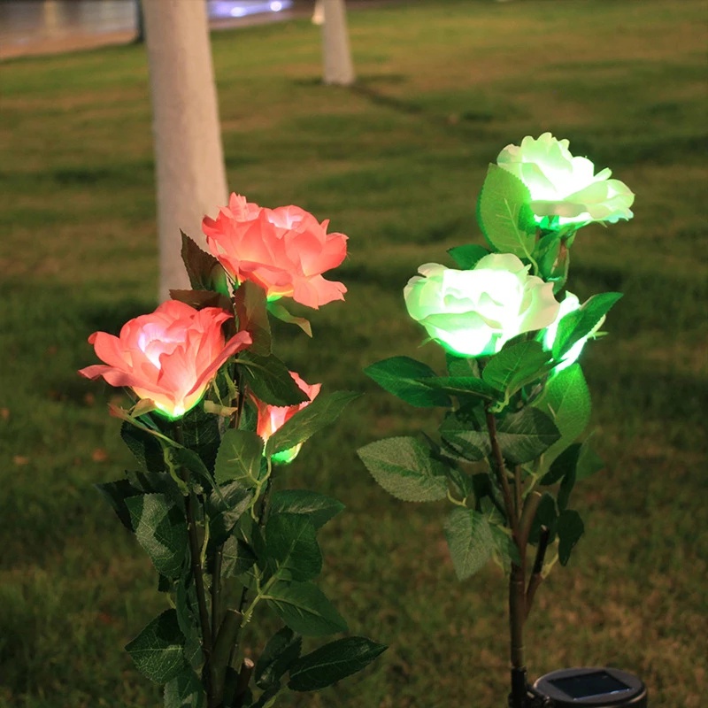 Outdoor Solar Powered LED Simulation Lifelike Silk Rose Lily Lamp/Artificial Flowers Ground Plug Light Install For Garden/Waterproof Lawn Path Landscape Decoration