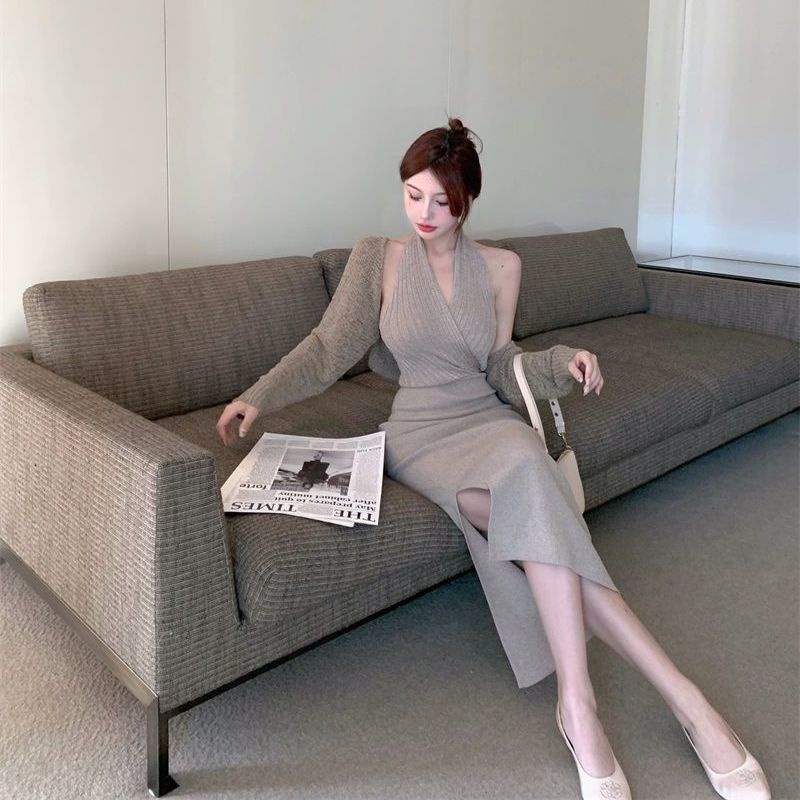 Set đầm cổ yếm hở + áo khoác tay dài phong cách retro thời trang mùa thu cho nữ