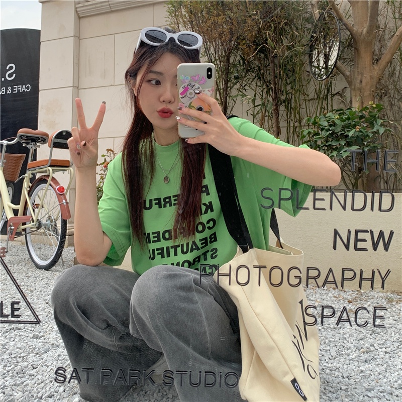 SUXI Áo Thun Tay Ngắn Cổ Tròn Dáng Rộng In Chữ Thời Trang Mùa Hè Cho Nữ