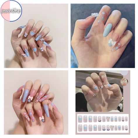 [Hàng mới về] Set 24 móng tay giả trong suốt có đính nơ xinh xắn có keo dán