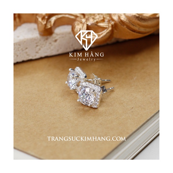 Khuyên Tai BẠC Nụ Đá Vuông Viền Tấm - Chốt Đẩy